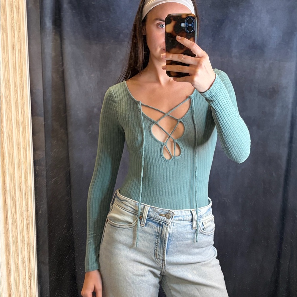 Elegant Lace-Up Ribbed Bodysuit - Teal